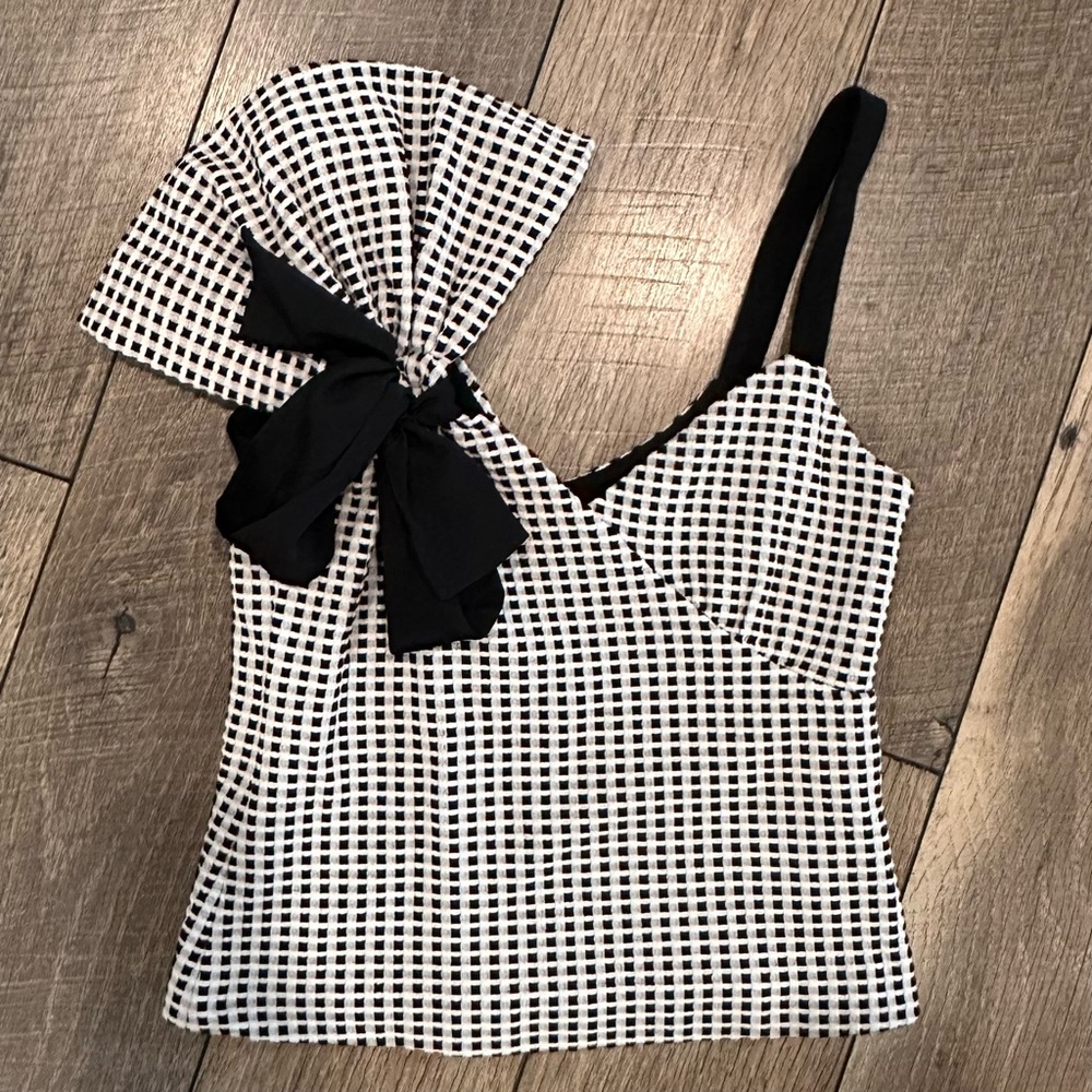 Club Monaco Black + White Check One Shoulder Top, Size XS